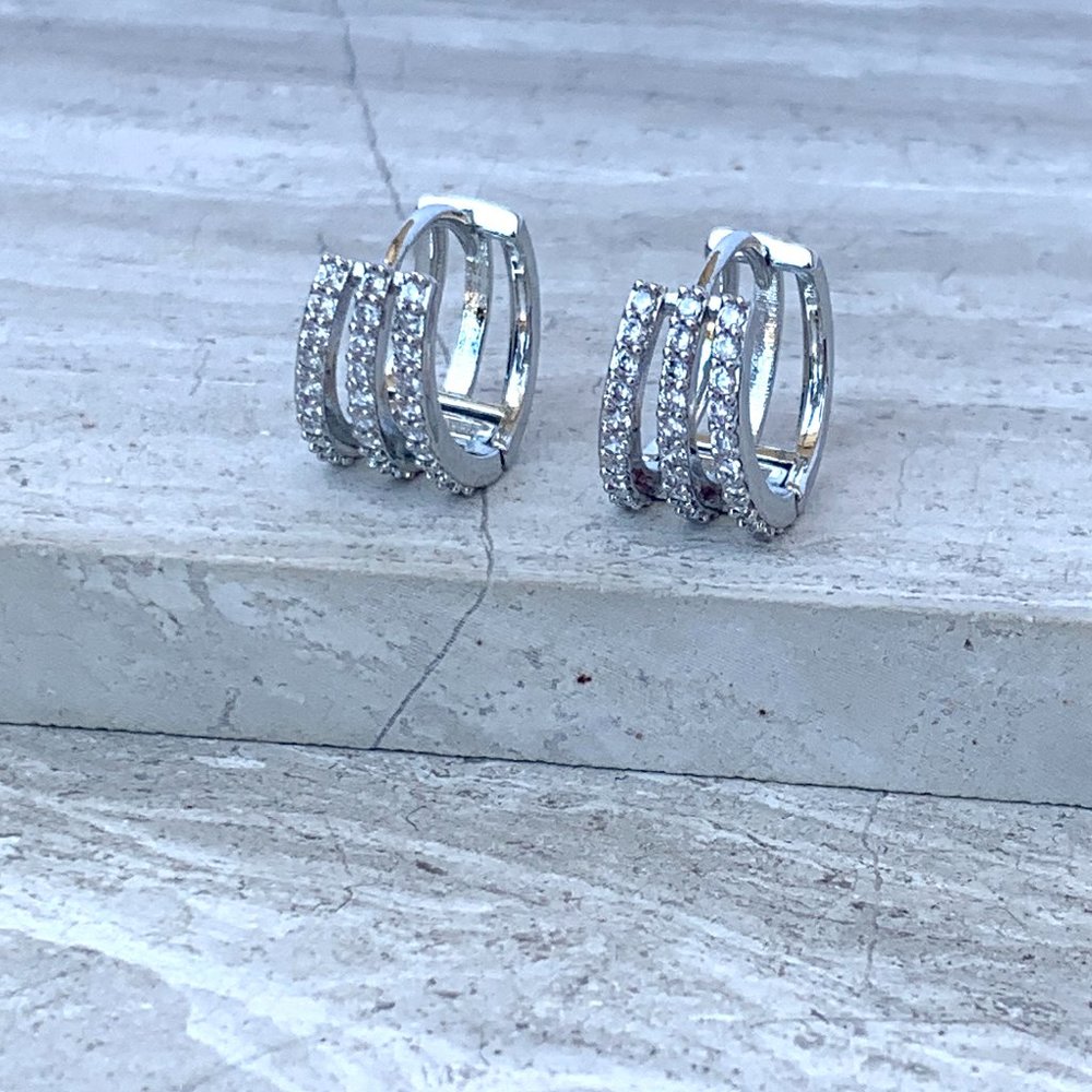 New ~ Anthropologie Triple Pave Crystal Silver Huggie Earrings